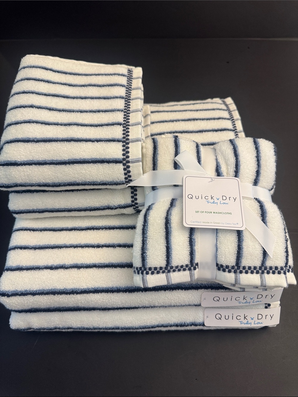TRULY LOU Quick Dry Striped 8pc Zero Twist Cotton Bath Towel Set - Navy/White - Picture 8 of 11